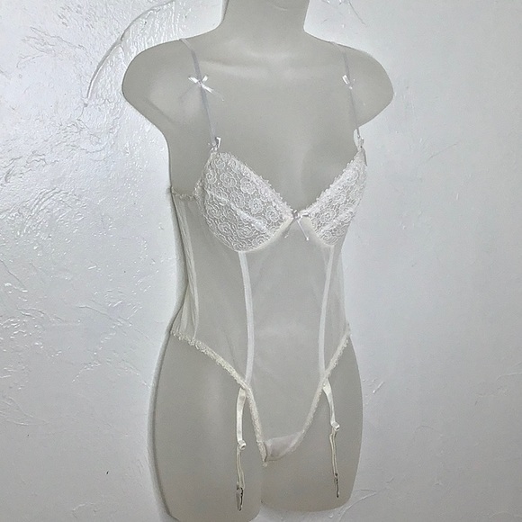 VGT Escante Sheer Nylon babydoll shapewear White bodysuit with gathers SZ S EUC - Picture 1 of 16